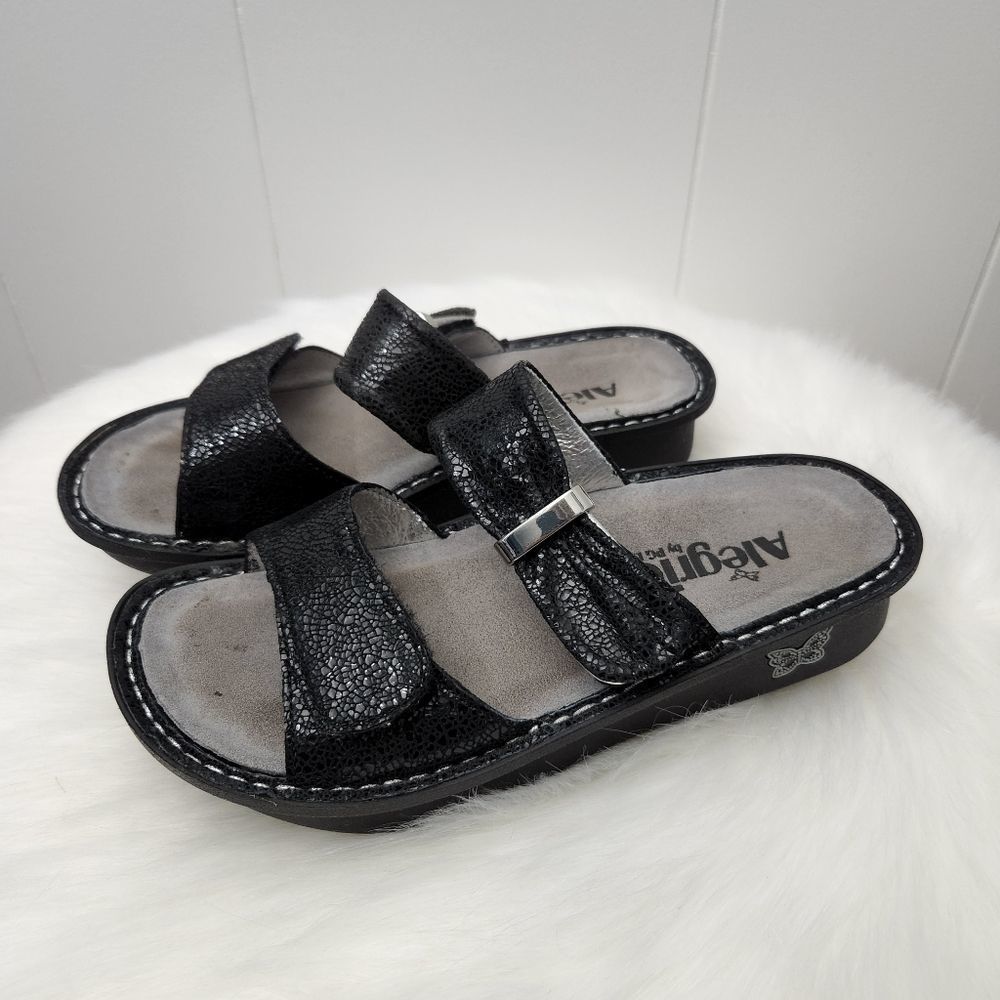 Alegria Karmen Black Metallic Slide Sandals